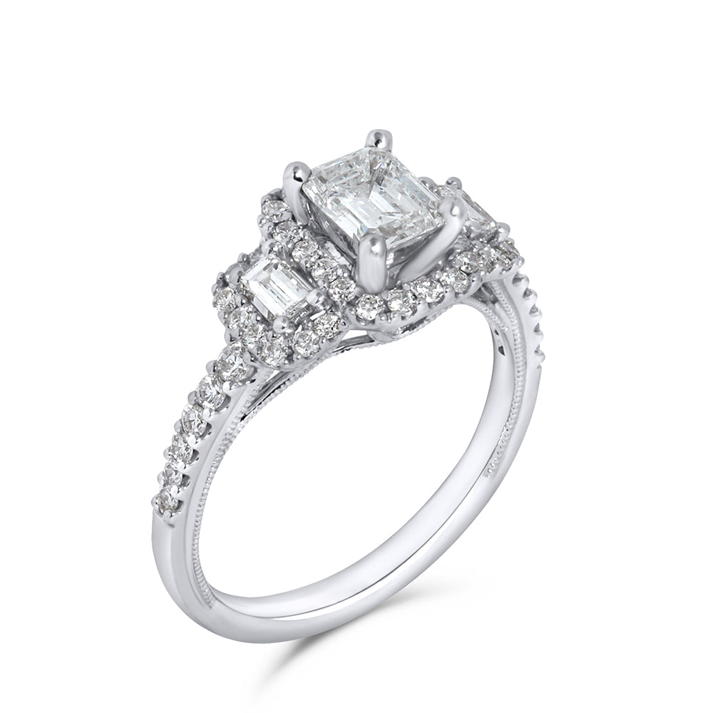 14K White Gold Emerald Shape 3-Stone Diamond Ring