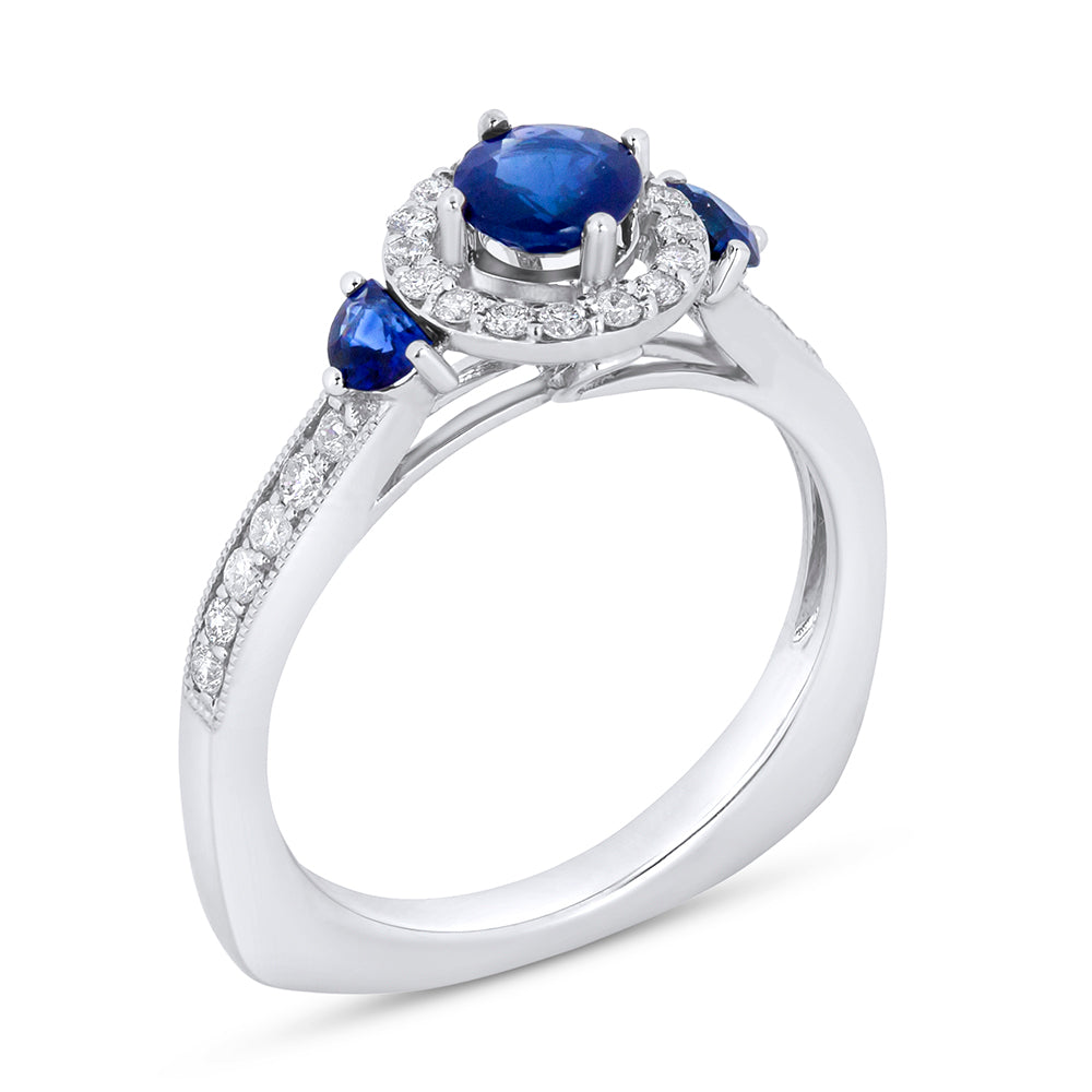Blue Sapphires & Diamonds 14K White Gold Ring Custom Design Euro Shank