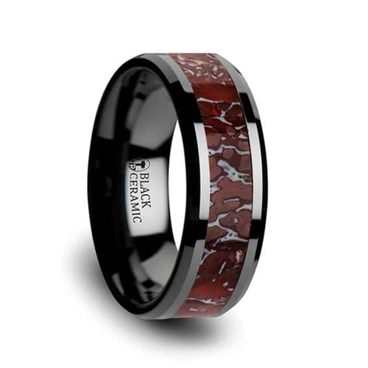 Red Dinosaur Bone Inlaid Black Ceramic Beveled Edged Ring - 8mm