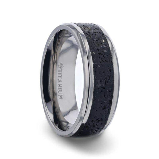 Black And Gray Lava Inlaid Titanium Men's Wedding Band With Polished Beveled Edges - 8mm