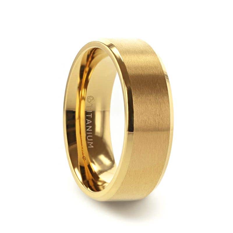 Gold-Plated Titanium Flat Brushed Center Men's Wedding Ring With Beveled Polished Edges - 8mm