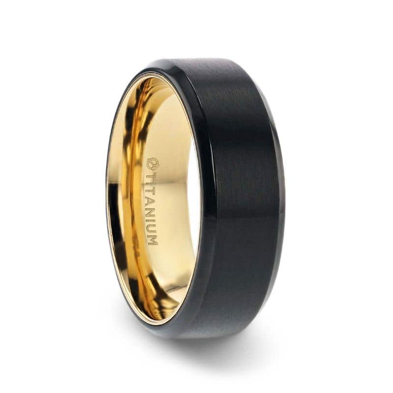 Flat Brushed Black Titanium Men's Wedding Ring With Yellow Gold Plating Interior And Beveled Polished Edges - 8mm