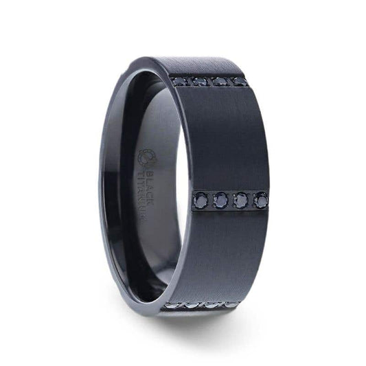 Flat Brushed Black Titanium Men's Wedding Ring With 6 Sets of Quadruple Black Sapphires In Horizontal Channels - 8mm