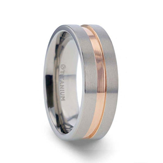 Titanium Flat Brushed Finished Men's Wedding Ring With Rose Gold Plated Groove Center - 8mm