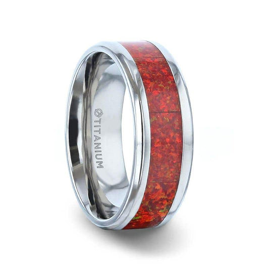 Titanium Men 's Wedding Ring With Beveled Edges And Red Opal Inlay - 8mm