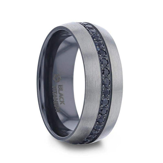 Domed Brushed Titanium Men's Wedding Band with Black Sapphire Stones Inlay - 8mm