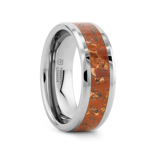 Tungsten Carbide ring with Beveled Edges and Orange Copper Conglomerate Inlay - 8mm