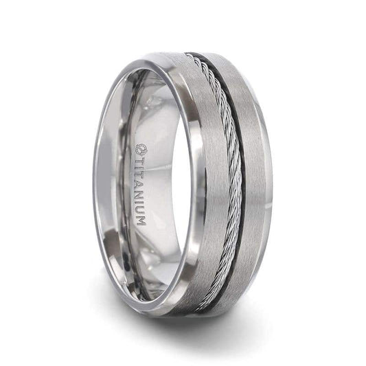 Steel Cable Inlaid Brushed Center Titanium Men's Wedding Band With With Beveled Polished Edges - 8mm