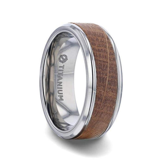 Whiskey Barrel Inlaid Titanium Men's Wedding Band With Beveled Polished Edges Made From Genuine Whiskey Barrels - 8mm