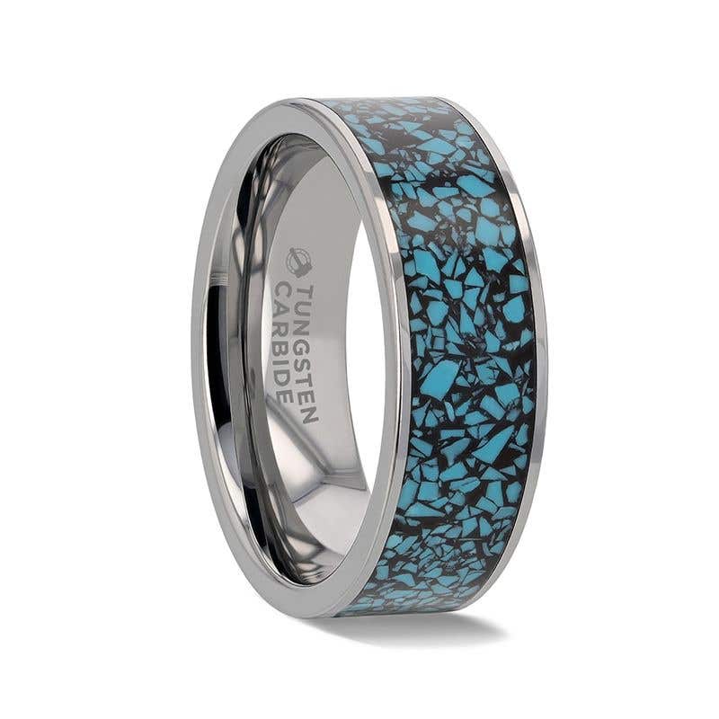 Crushed Turquoise Inlay Tungsten Men's Wedding Band With Flat Polished Edges - 8mm