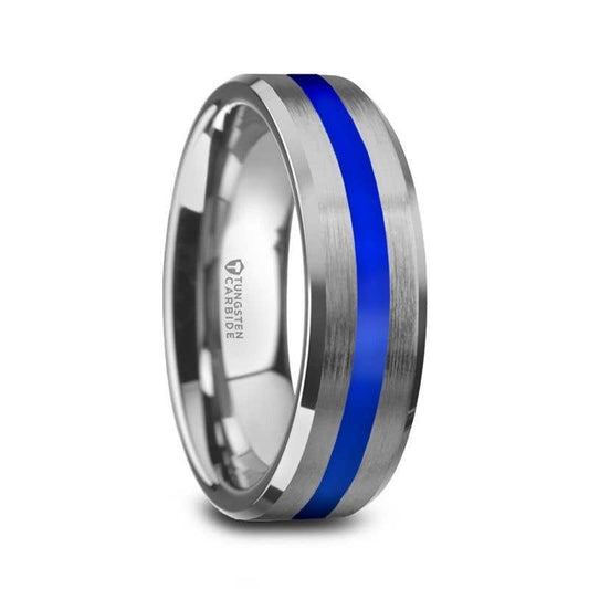 Men’s Beveled Edges White Tungsten Brushed Finish Wedding Ring with Blue Stripe - 8mm