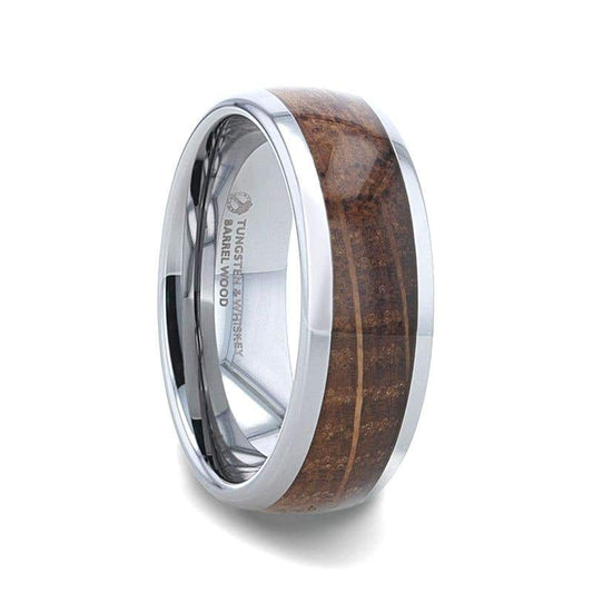 Whiskey Barrel Inlaid Tungsten Men's Wedding Band With Domed Polished Edges Made From Genuine Whiskey Barrels - 8mm